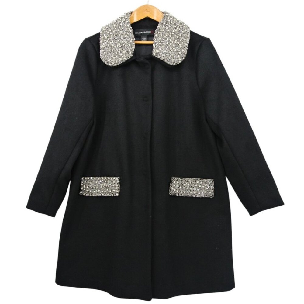Colleen Lopez Bedazzled Embellished Wool Blend Evening Coat Black L